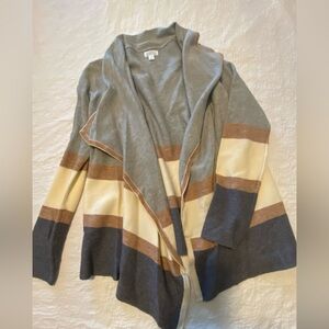 Market & Spruce Soft Stripe Open-Front Cardigan – Gray/Cream/Tan (L)